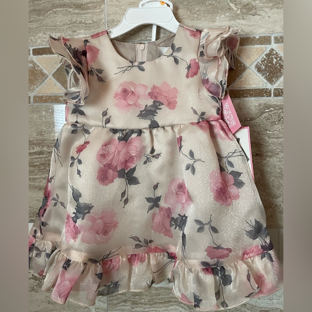 Rare Editions Cream and Pink Floral Baby Dress Set size 12 Months